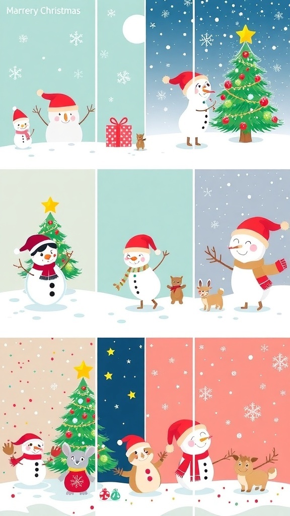 A variety of cute Christmas wallpapers with snowmen, Christmas trees, and festive animals.